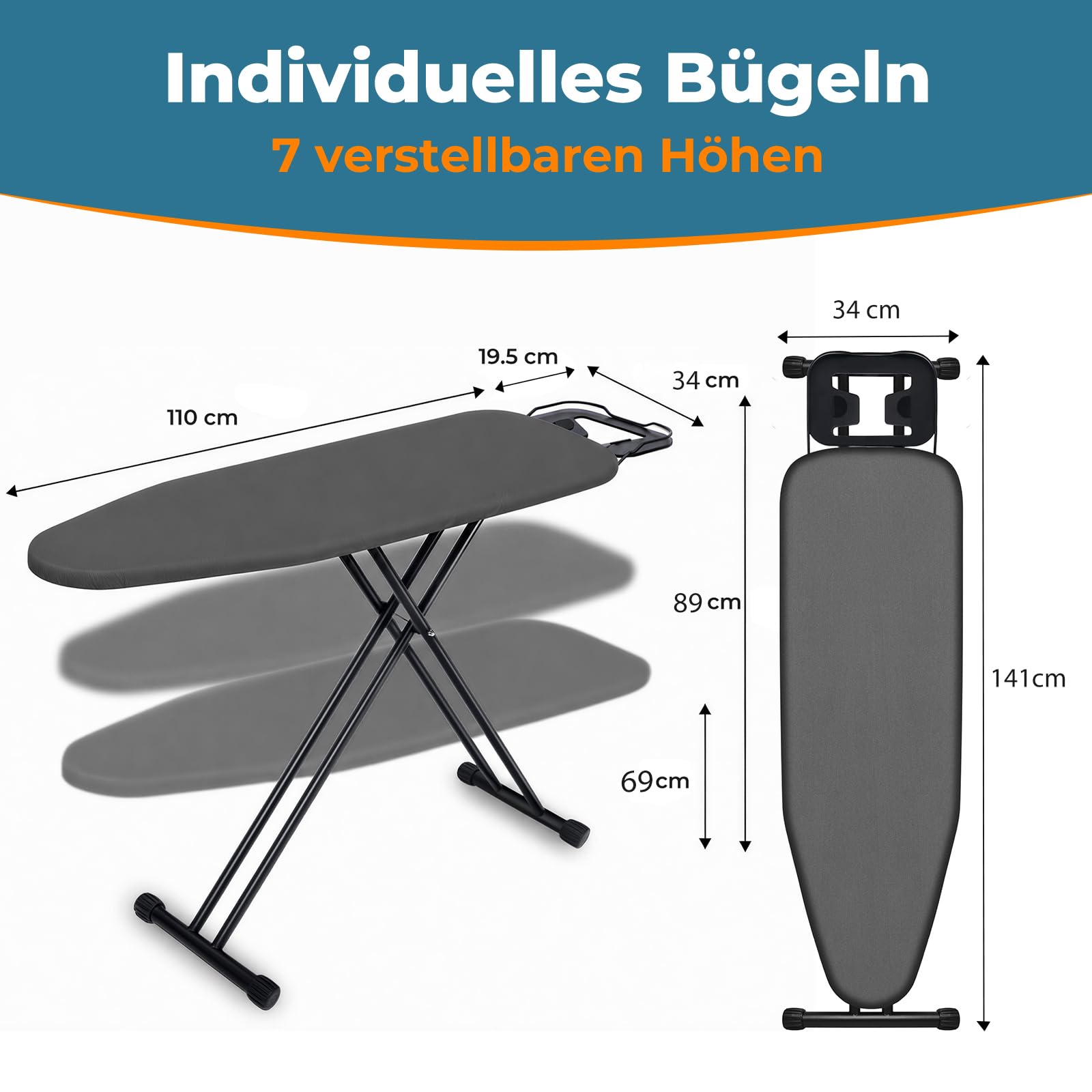 Bügelbrett 110 x 34 cm, 7-stufige Höhenverstellung, klappbar, hitzebeständiger Baumwollbezug, metallenes Belüftungsgitter, mit Bügelablage, Stabiler Stahlrahmen, platzsparend für Haushalt