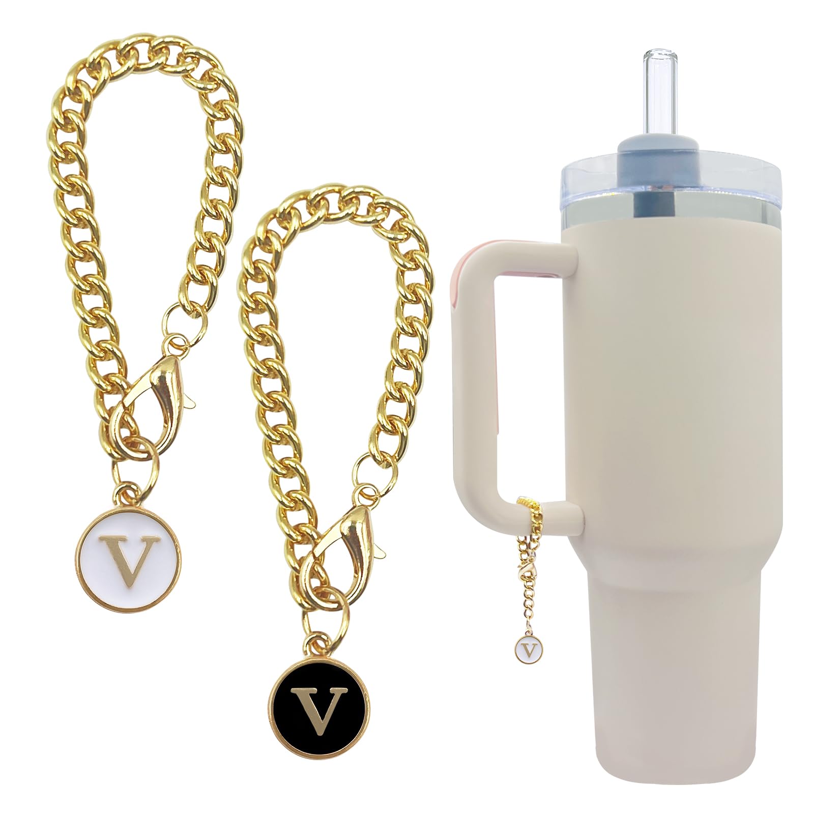 Velaco Letter V Charm Accessories for Stanley 20 30 40 oz Tumbler with Handle, Chains with Initial Letter for Stanley Cup 30 40 oz with handle - 2 PCS