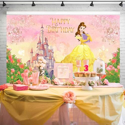 Miniatura 2 de Princesa Belle - Telón de fondo para fiesta de cumpleaños acuarela rosas castillo rosa amarillo pancarta temática de belleza y bestia para mesa de