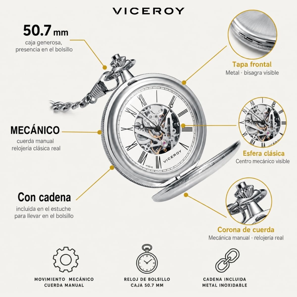 Viceroy Reloj de Bolsillo con Cadena - 50 mm - Movimiento de Cuerda Manual - Esfera Blanca - Estilo Vintage - Colección Pocket – 41153-02