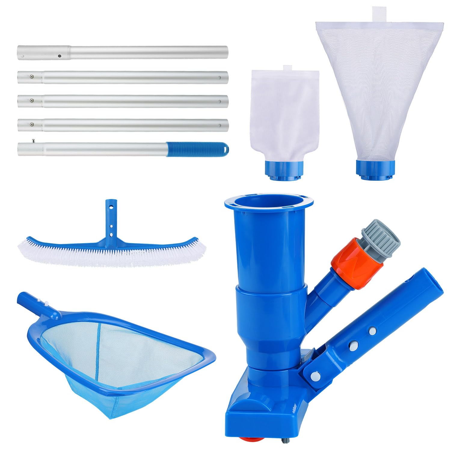 Kit di pulizia portatile 3 in 1 per piscine fuori terra, include aspirapolvere con sacchetti a rete, spazzola, retine per skimmer, asta regolabile da 1,9 m per spa, gonfiabili o piscine con telaio per