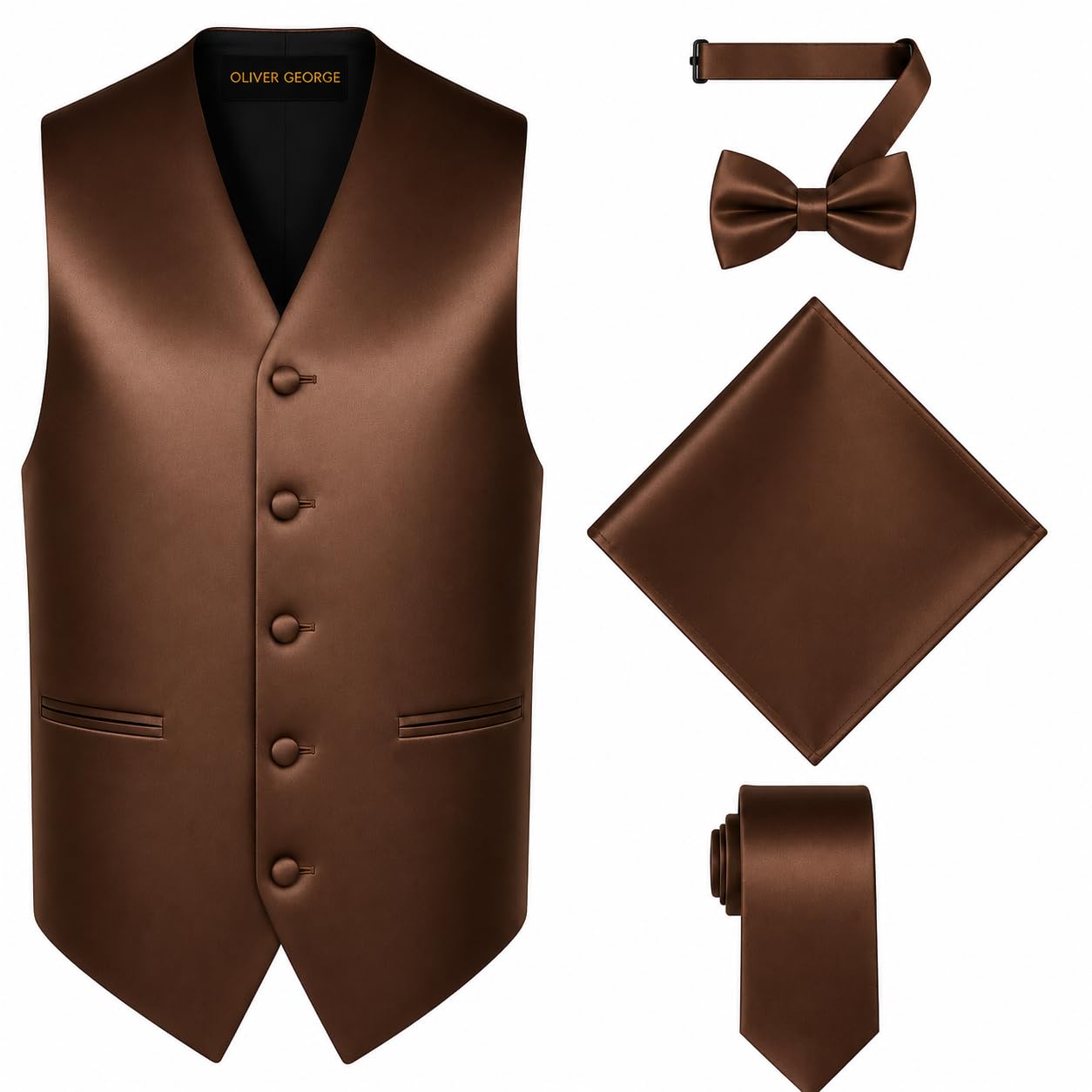 Oliver George 4pc Men's Solid Formal Suit Waistcoat Tuxedo Dress Vest Necktie Bowtie Handkerchief Set for Suit or Tuxedo