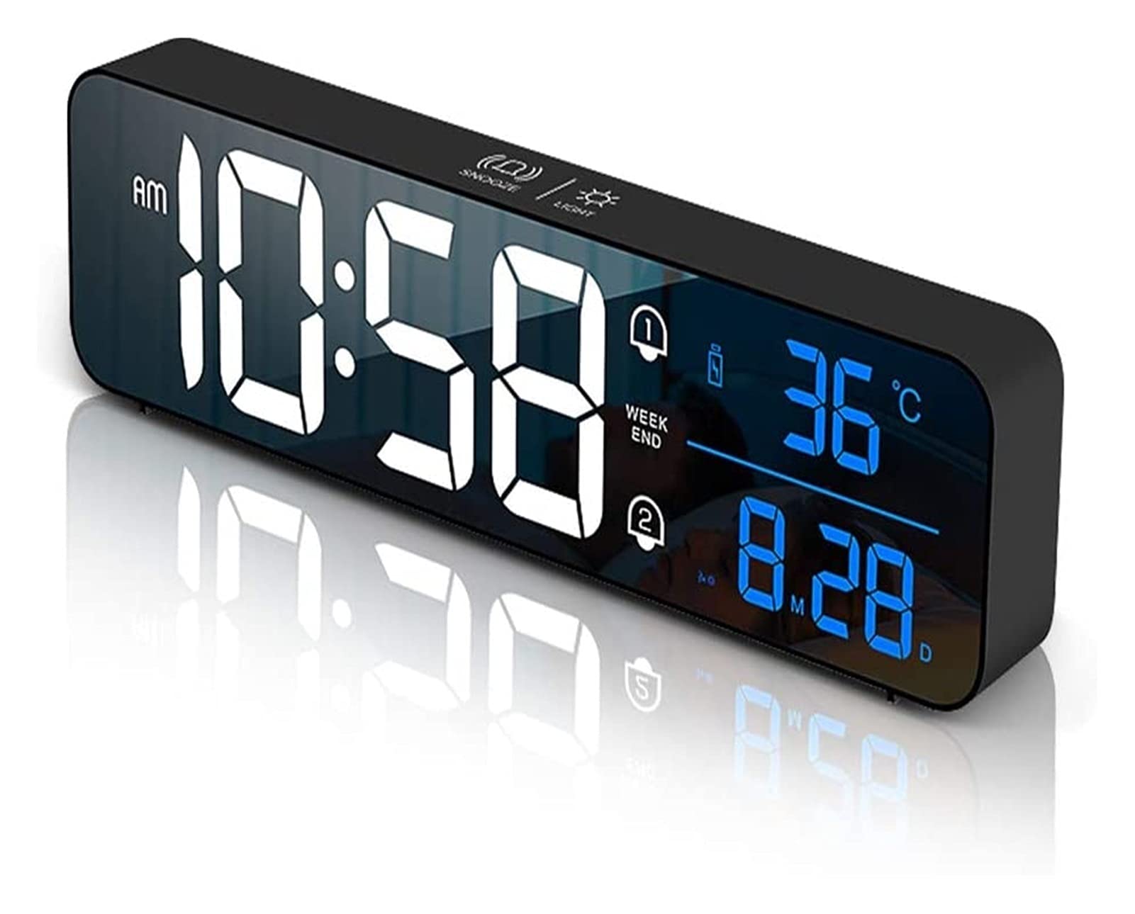 Budzik do sypialni Aceshop 10.4" DOPROWADZIŁO Mirror Bedside Clock Akumulator elektryczny budzik z temperaturą i datą, 40 Muzyka, Dual Alarm, Snooze, 5 Jasność Ściemniana, do Home Office Travel