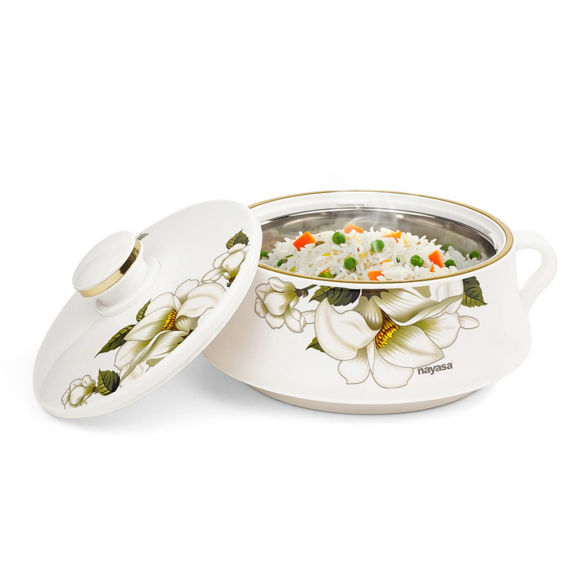 Nayasa Lorenzo Insulated Inner Stainless Steel Casserole- 1500 ML | Serving Bowl With Lid | Hot Pot for Kitchen | Roti Box | White & Green