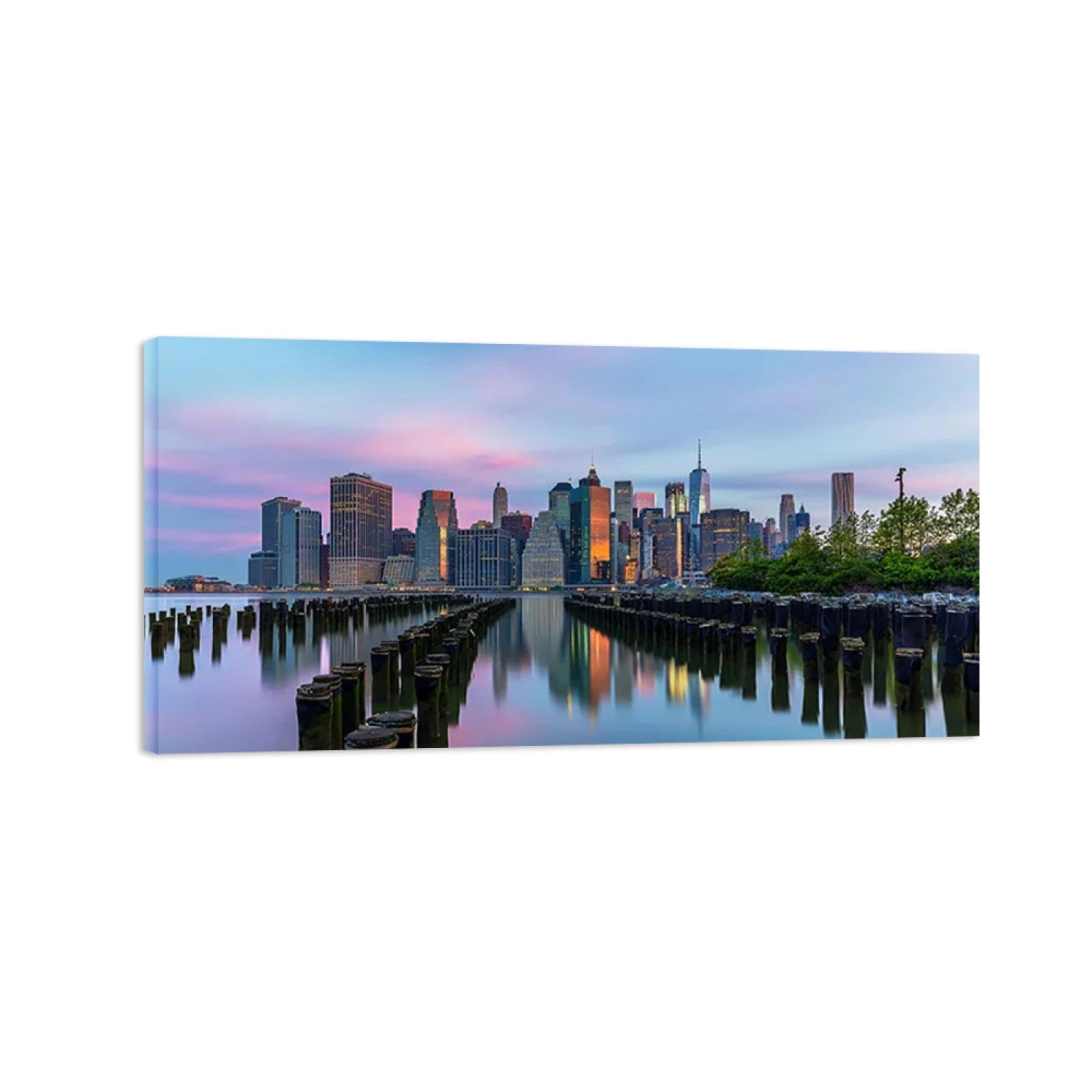 Stadtlandschaft Leinwandbild mit Rahmen Fertig zum Aufhängen-Landschaftsbilder auf Leinwand-Panorama Wandbilder Wohnzimmer-Stadt Gebäude See 30x60cm Umwickelte Leinwand