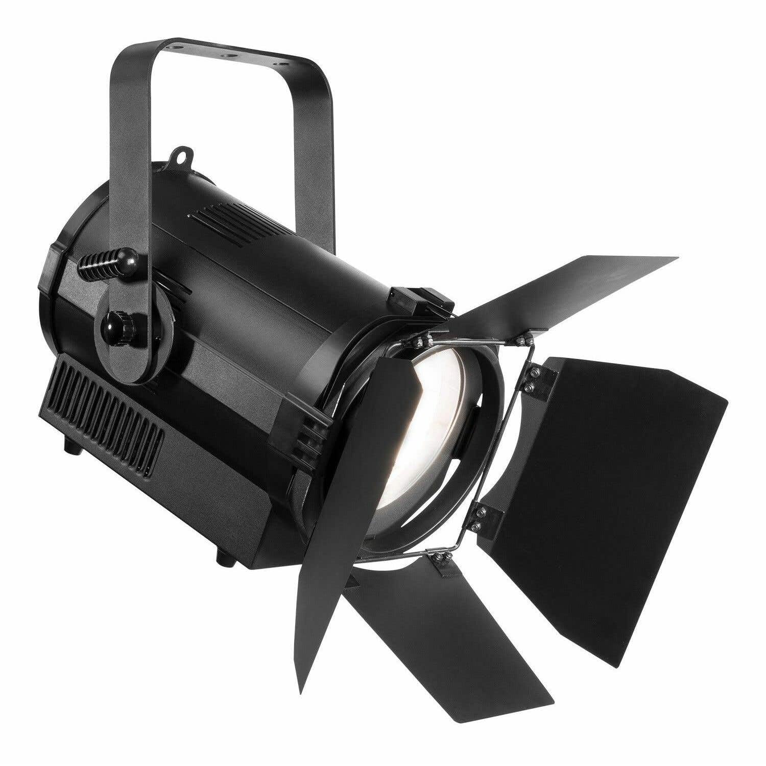 Beamz Black Professional Btf100z Cob Led Fresnel Theatre Spot Light 100W Warm White - Stage Production Lighting With Motorised Zoom, Barn Doors, Dmx Control, Cri 97