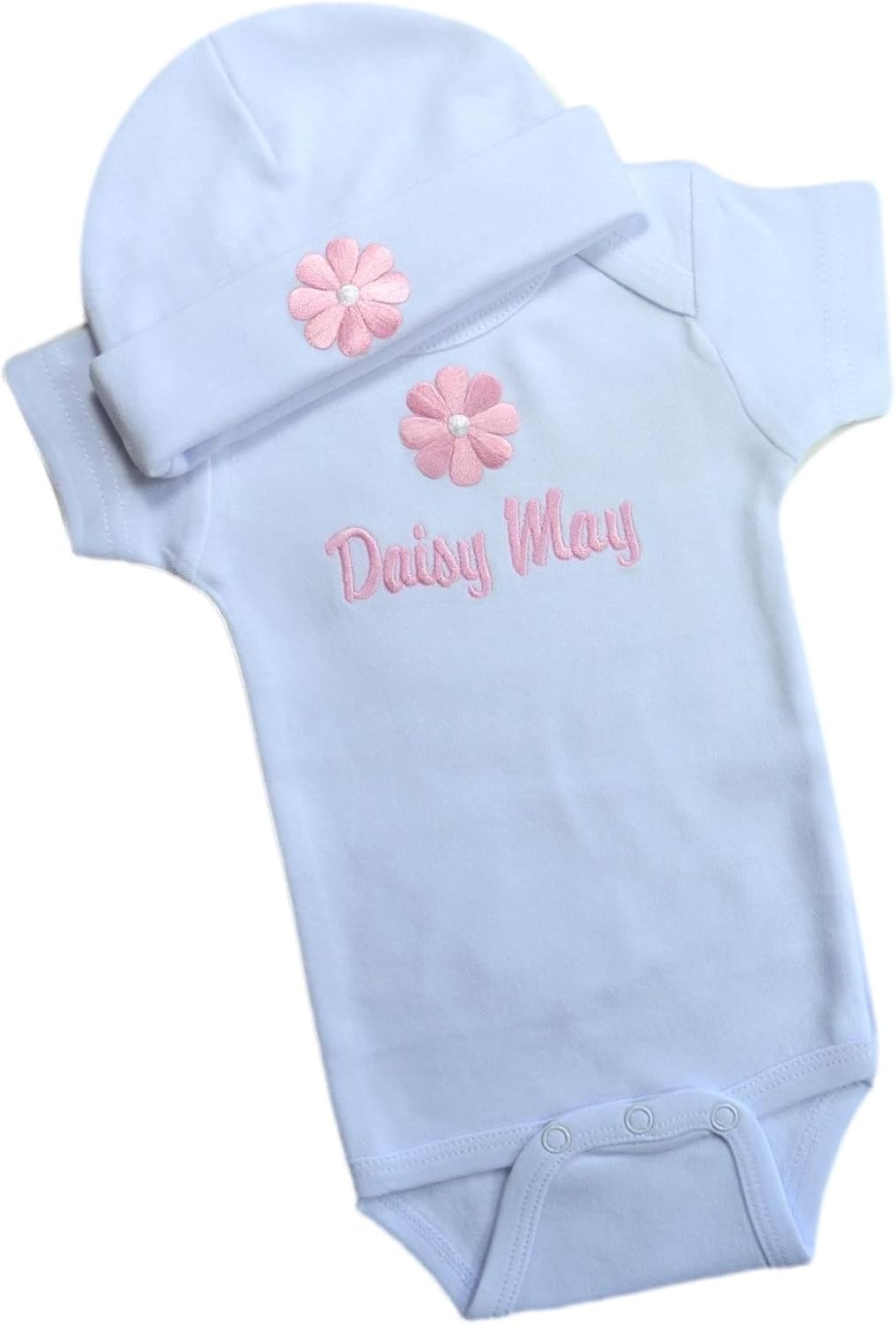 Daisy Flower Personalized and Embroidered Baby Girl Bodysuit with Matching Cotton Hat GIFT SET