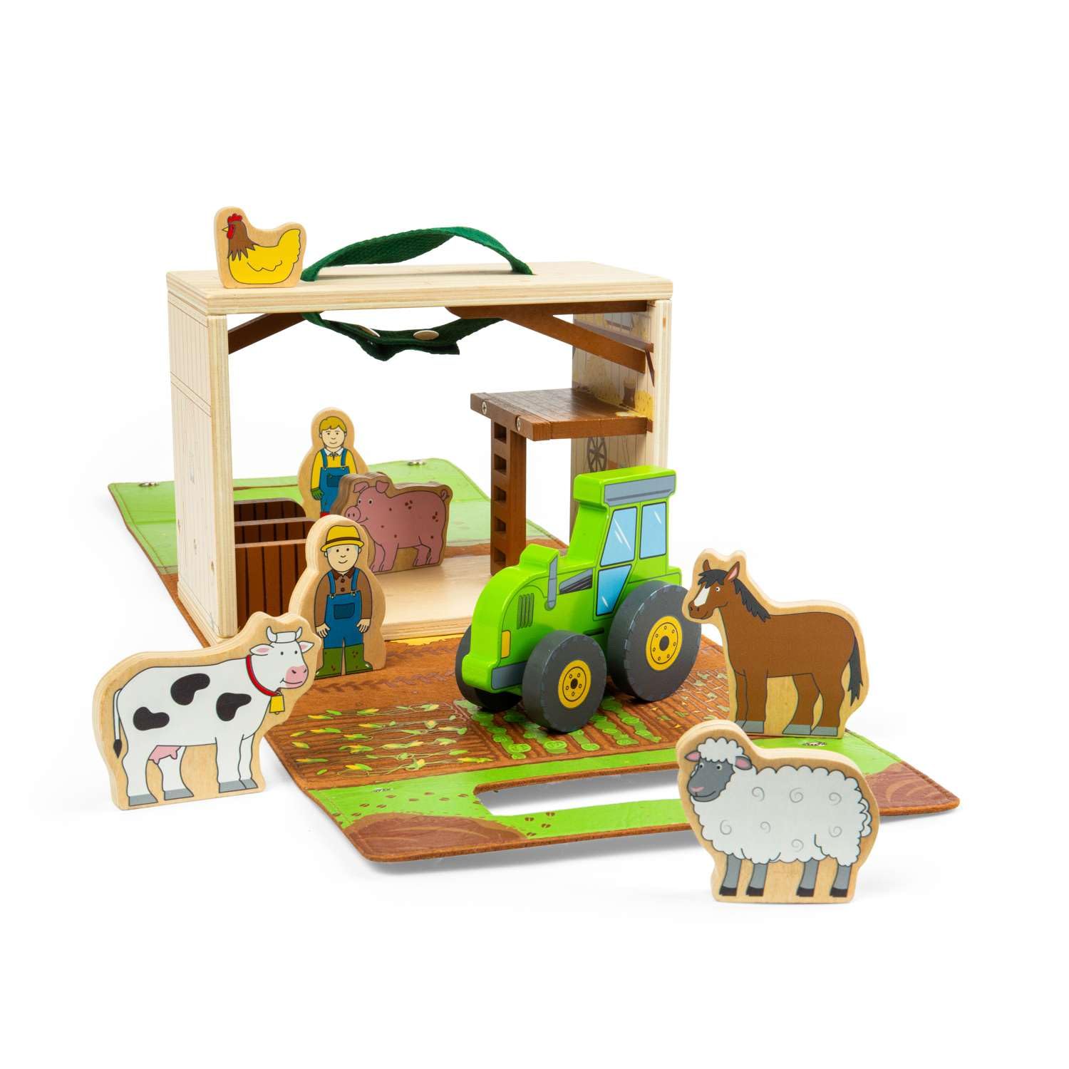Bigjigs Toys Farm On The Go - Juego portátil de madera para niños, juguete de viaje con animales de granero, agricultores y tractores, juego interactivo para las vacaciones, divertidos juegos