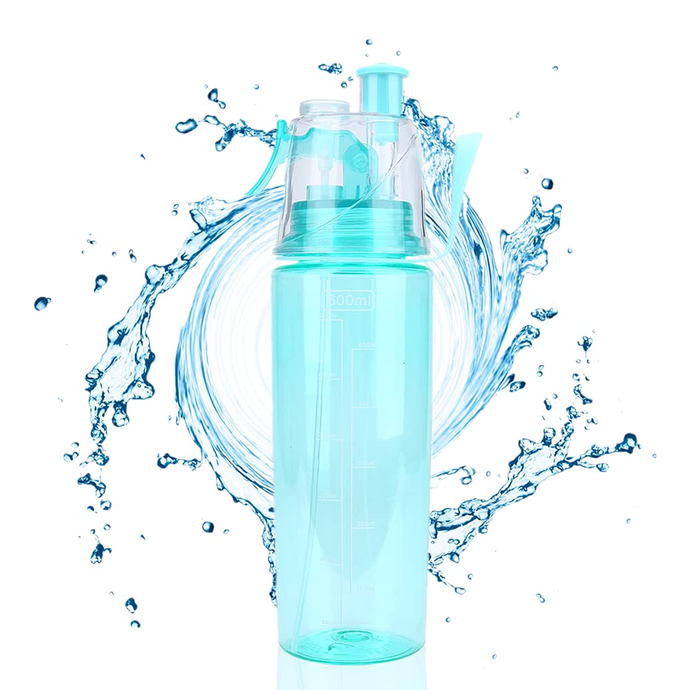 Dioche 600ML Drinking and Misting Sports Water Bottle, Portable Clear Plastic Spray Cup Head Anti-Leak Water Bottle Mister Spray Bottle with Scale for Sports Running Cycling Climbing Outdoor (Blue)