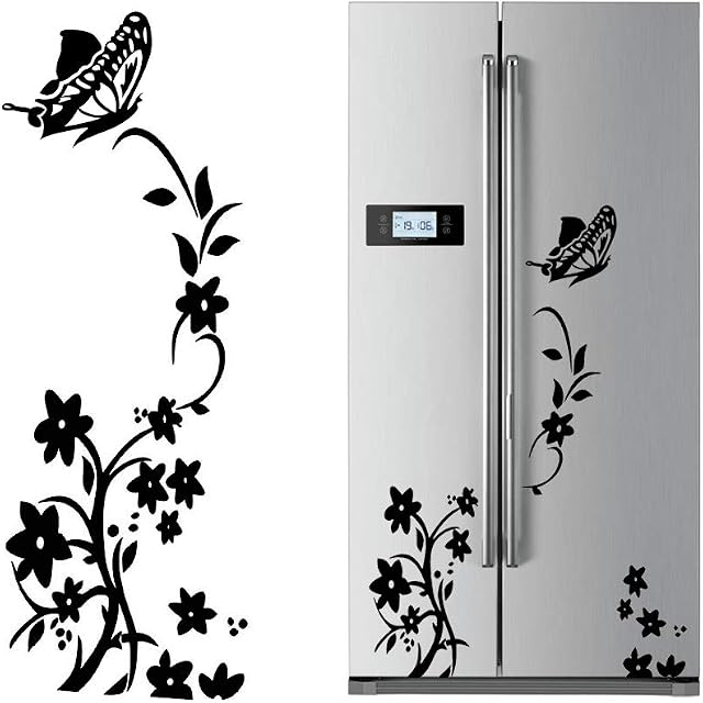 VINFUTUR 2 Sets Flower Butterfly Wall Stickers Decals Decorative Self Adhesive Wall Art Stickers for Living Room Bedroom Wardrobe Refrigerator (Black)
