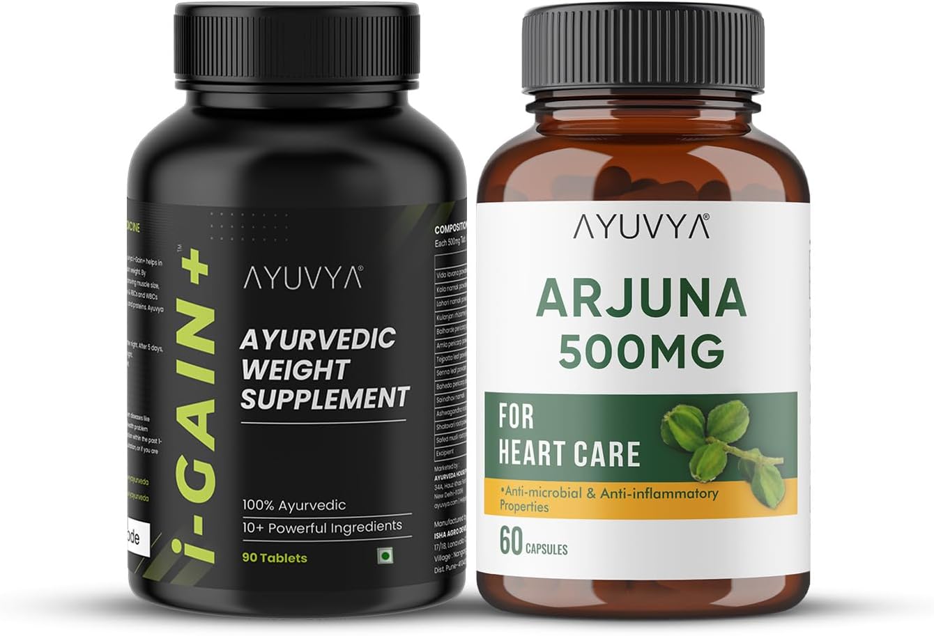 Ayuvya i-Gain+ & Arjuna Combo | i-Gain+ for Healthy Weight Gain for Men & Women | Arjuna Capsules for Heart Health Support