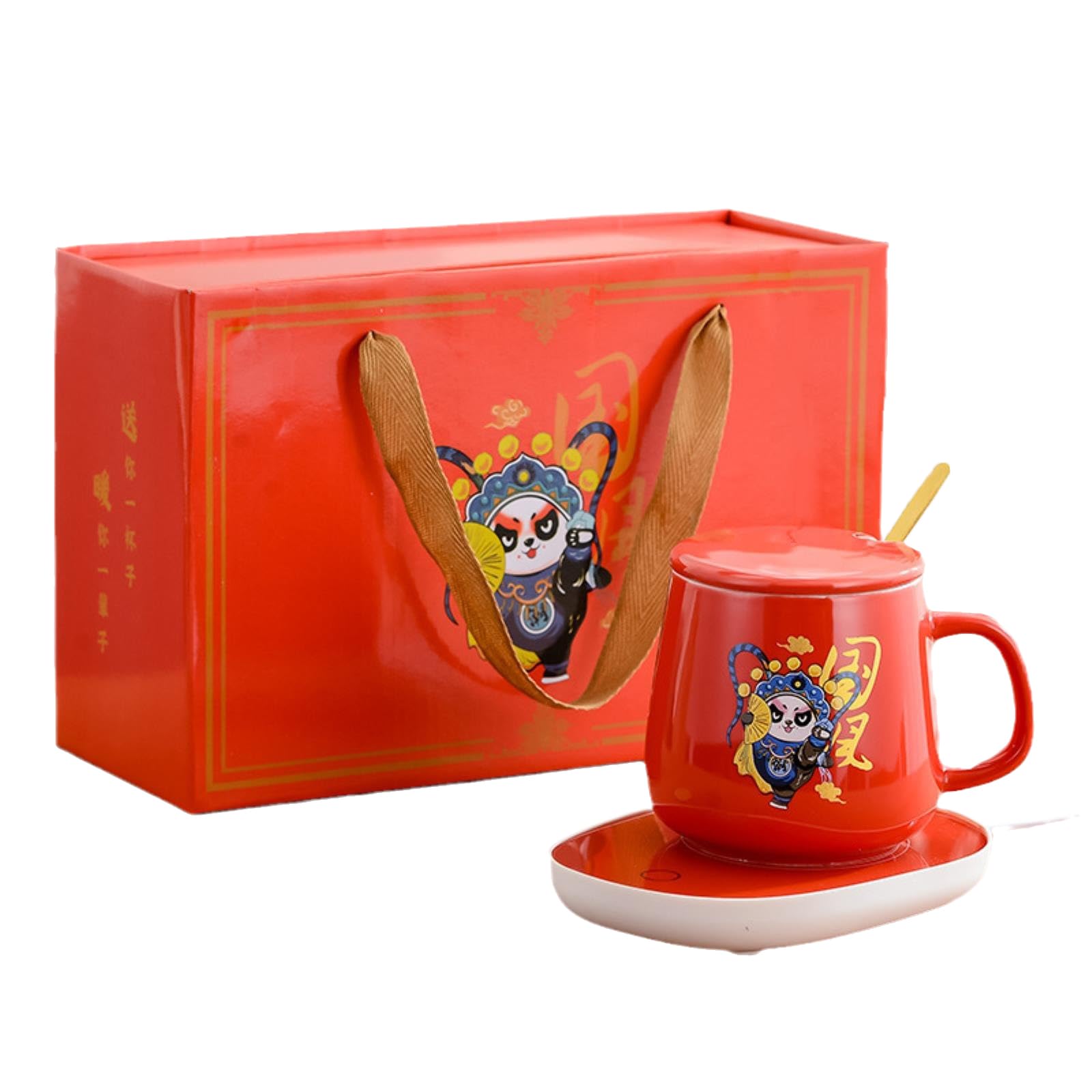 CAPIJIONG 380ml Personalised Tiger Panda Creative 55 Degree Thermostatic cup with Gift Box Ceramic cup Office Coffee Mugs Suitable for office home restaurant-Panda Red Thermostat Mug + Mat,380ml