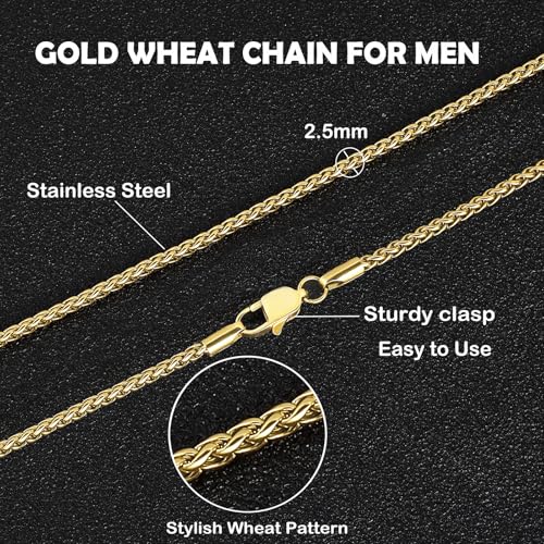 2.5mm/4mm Gold Wheat Chain for Men Women, Mens Stainless Steel Chain Necklace Jewelry, 16-26 Inches2