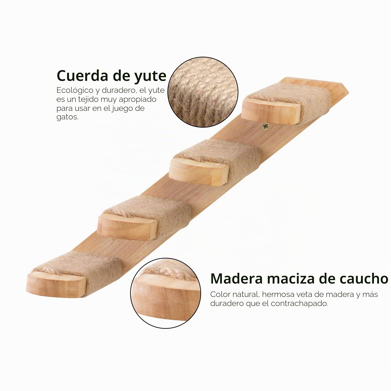 FUKUMARU Estante de Escalada para Gatos Montado en la Pared, Hecho de Madera de Caucho, Escalera de Gato con Rascador de Yute para Gatos, Suministros de Plataforma de Perch. De Izquierda a Derecha