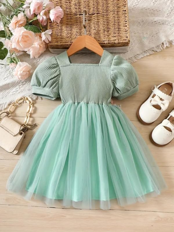 Image of Niren Enterprise 1019 Floral Embroidery net and Modal Short Sleeve Baby Girl Frock