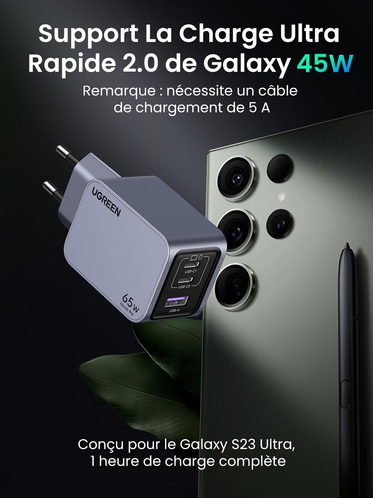 UGREEN Nexode Pro 65W Chargeur Rapide USB C 3 Ports GaNInfinity Tech