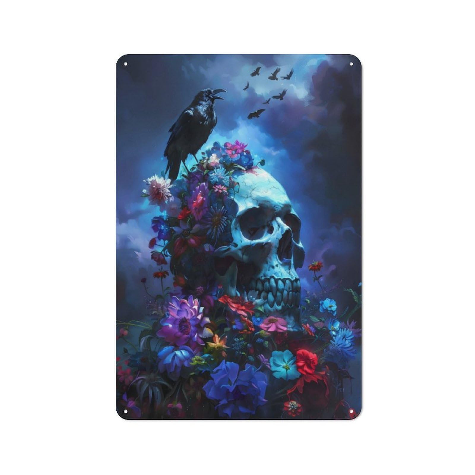 Junmoney Skull Raven Flowers For Garden Room Or Summerhouse, Vintage Tin Sign 30X20cm, A Metal Wall Feature For Garden Rooms And Summerhouses
