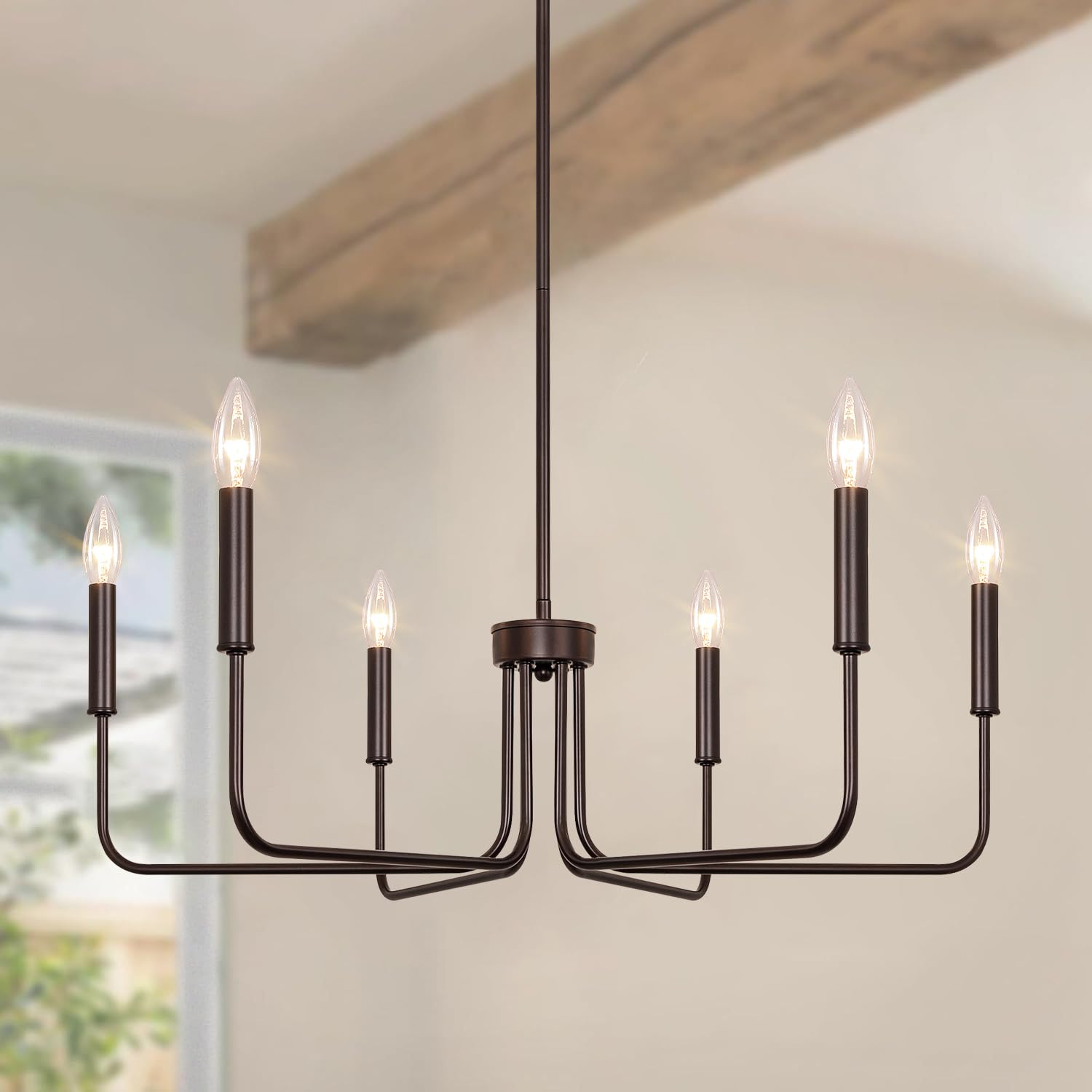 6-Light Farmhouse Chandelier for Dining Room Lighting Fixtures Hanging, Oil Rubbed Bronze Candle Chandelier Rustic Industrial Modern Chandelier for Living Room, Bedroom, Foyer, Kitchen