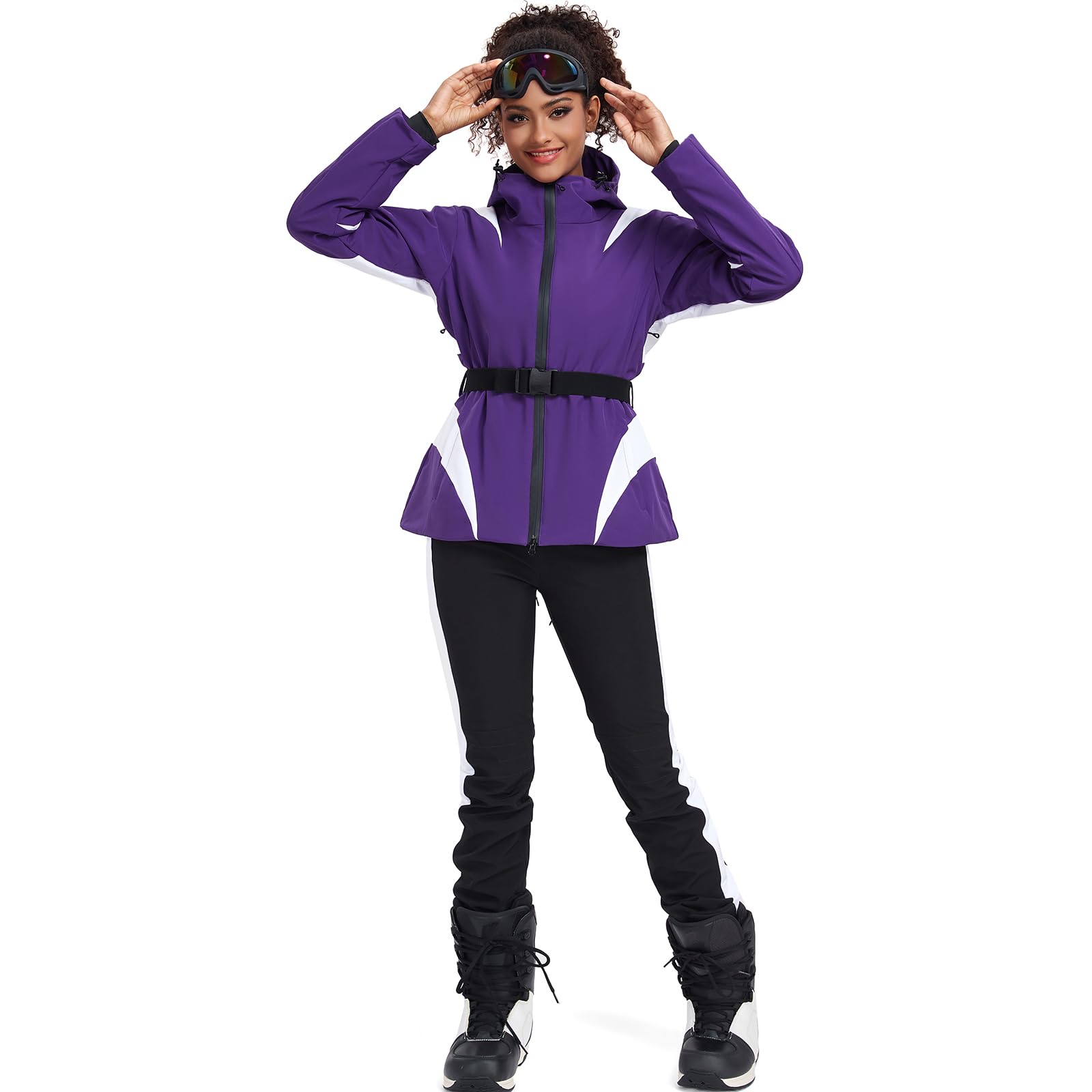 ALSOGO Veste de ski imperméable isolée pour femme avec capuche et ceinture