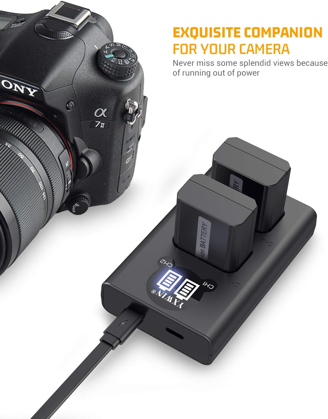 NP-FW50 YXwin Camera Battery Charger Set and Batteries for Sony A6000, A6500, A6300, A7, A7II, A7RII, A7SII, A7S, A7S2, A7R, A7R2, A5100, RX10 Accessories (2-Pack, USB C & Micro USB Ports, 1200mAh)