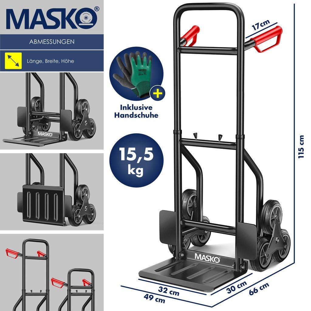MASKO® Carretilla para escaleras, 200 kg, Carretilla de Transporte para Subir escaleras, Plegable, Ruedas de Goma Dura, Asas de plástico, Marco de Acero
