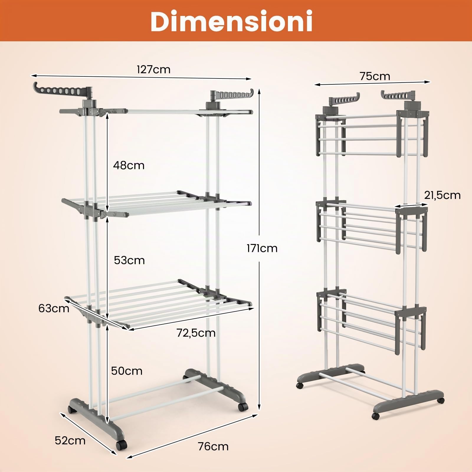 COSTWAY Stendibiancheria a Torre, Stendibiancheria Verticale Salvaspazio con Supporti per Grucce Girevoli e Piani Pieghevoli, Stendino Pieghevole con Ruote, 127x63x171cm (Grigio)