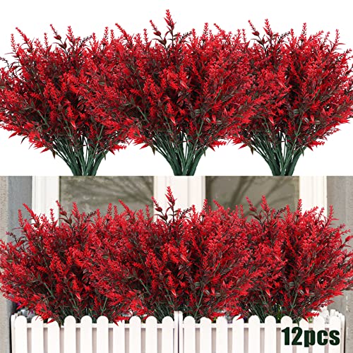 12 Bundles Artificial Flowers Outdoor Fake Flowers for Decoration UV Resistant No Fade Faux Plastic Plants Garden Porch Window Box Décor, Flores Artificiales para Decoracion(Red)