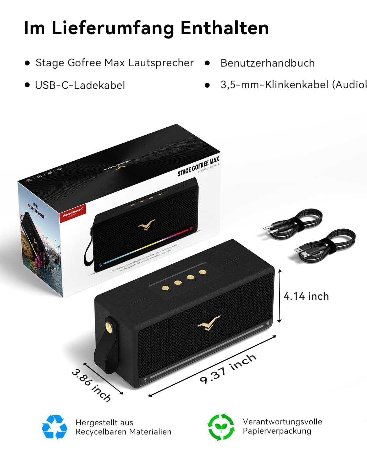 StageSound - Altoparlante Bluetooth, stile retrò, wireless, portatile, con Bass Boost, impermeabile IP67, luci LED, accoppiamento TWS, 12 ore di riproduzione, TF/AUX/USB, per feste, casa, all'aperto