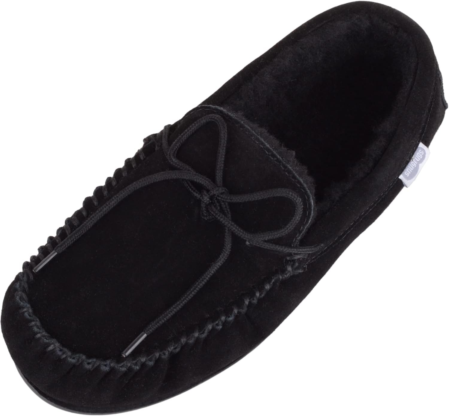 SNUGRUGS Men's Suede Sheepskin Moccasin Slippers with Rubber Sole (8, Black)
