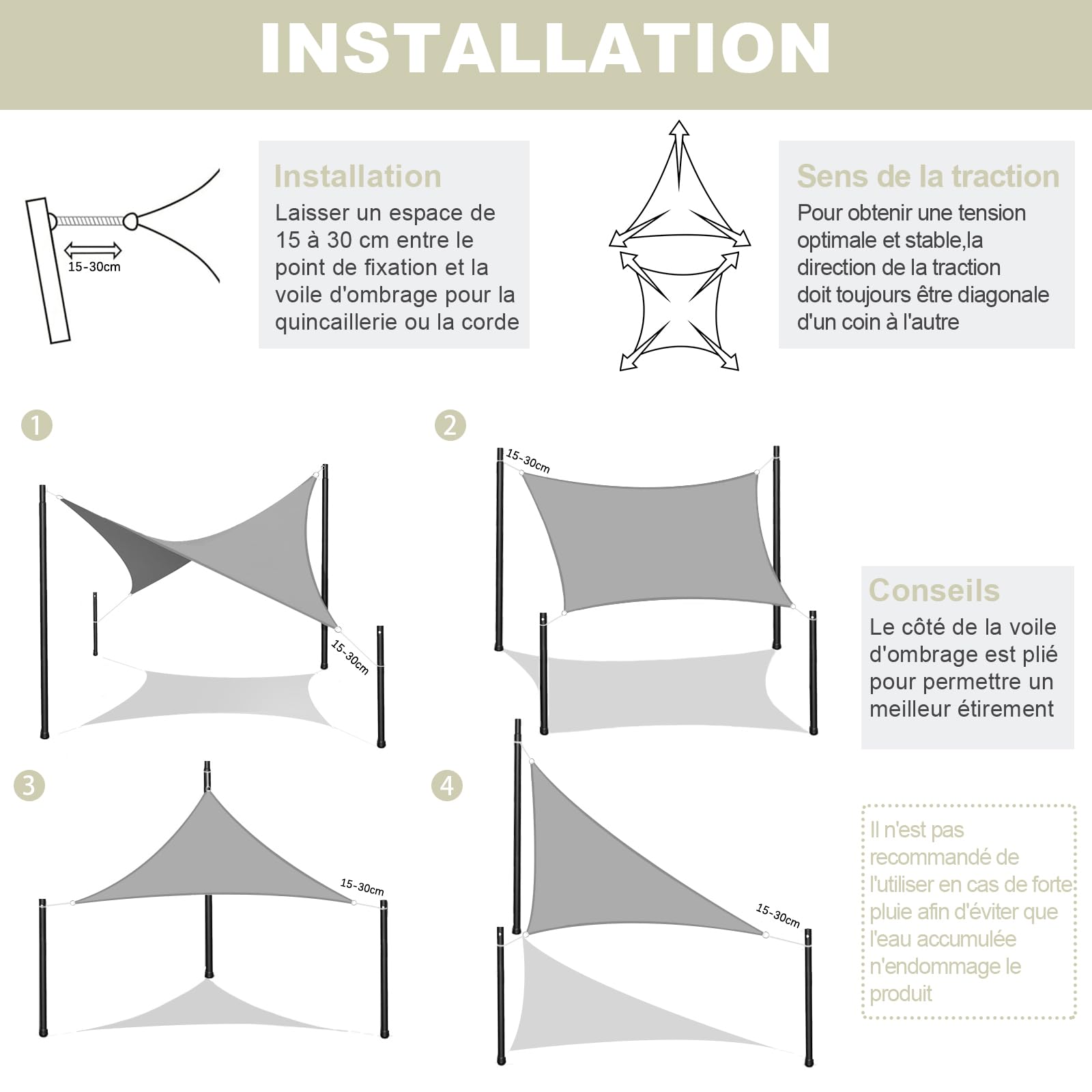 AXT SHADE Voile d'ombrage Rectangulaire 2x3m Toile Ombrage HDPE Respirant UV Protection pour Terrasse Jardin Extérieur-Crème
