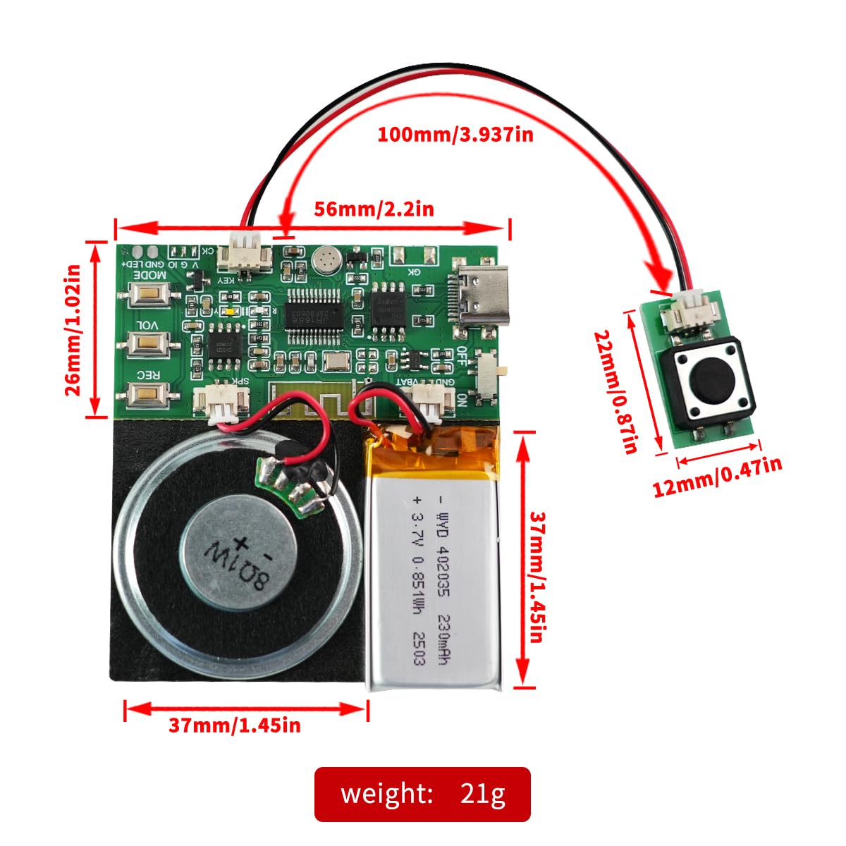 Modulo audio, supporto Bluetooth e microfono registrazione audio, chip vocali da 8 MB con altoparlante, chip di registrazione audio facile da 16 minuti per saluti personalizzati, progetti fai da te