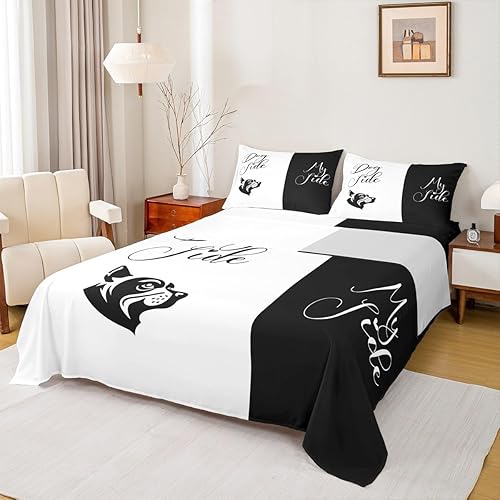 Dog Side My Side - Juego de sábanas de tamaño Queen, color negro y blanco, sábana bajera ajustable para mujeres y hombres, sábanas románticas de
