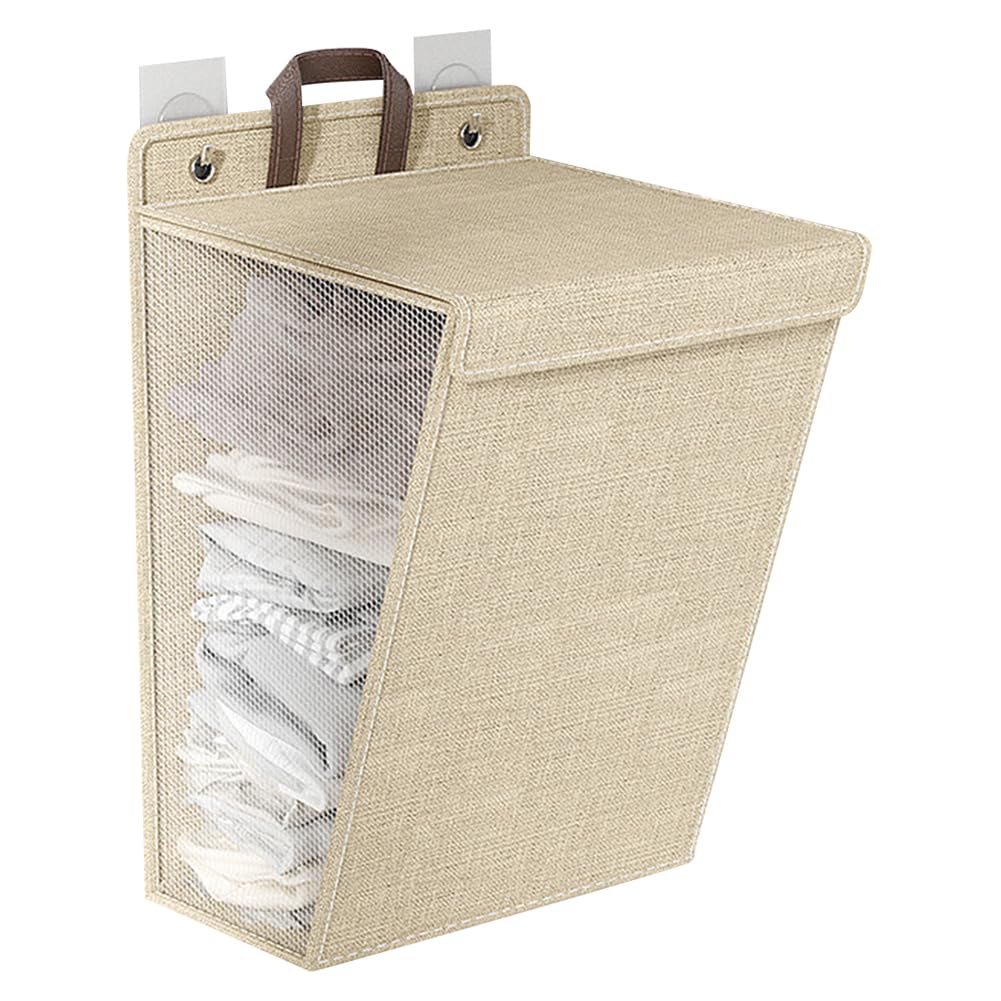 Portable Laundry Basket Collapsible Dirty Clothes Hamper with Lid and Handle Heavy Duty Hanging Closet Hamper Wall Mounted Over The Door and Wall for Bathroom Dorm (Beige)