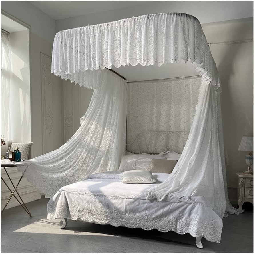 White Lace Bed Canopy Mosquito Net for Girls' Princess Room, Romantic Bedroom Decoration with U-Shaped Bracket, Size 180x220cm (71x87in) - Elegant Home Accessory
