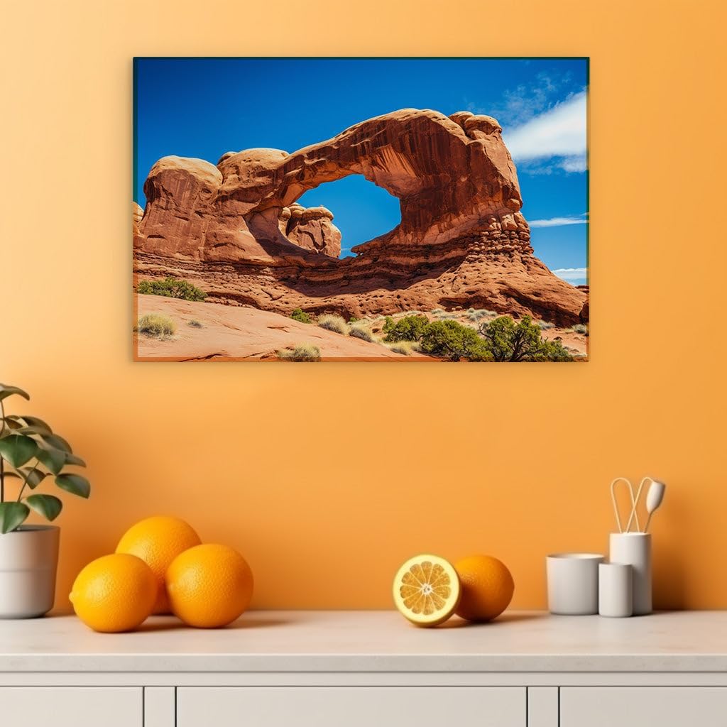Canvas for Living room. Desert Majesty: The Natural Wonder of a Red-Orange Sandstone Arch, 27 x 18 inch Canvas Wall Art - Beach Sunsets And Sunrises - Modern Home Decor