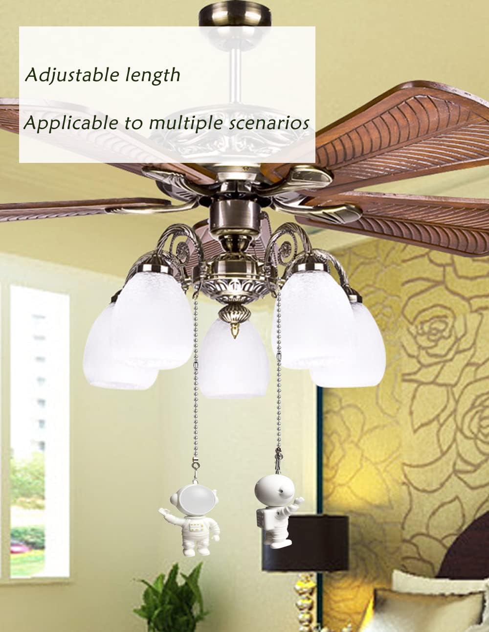 12-Inch Spaceman Charm Pull Chain Extender with Ball Chain Connector for Ceiling Fan Light Decoration(White)