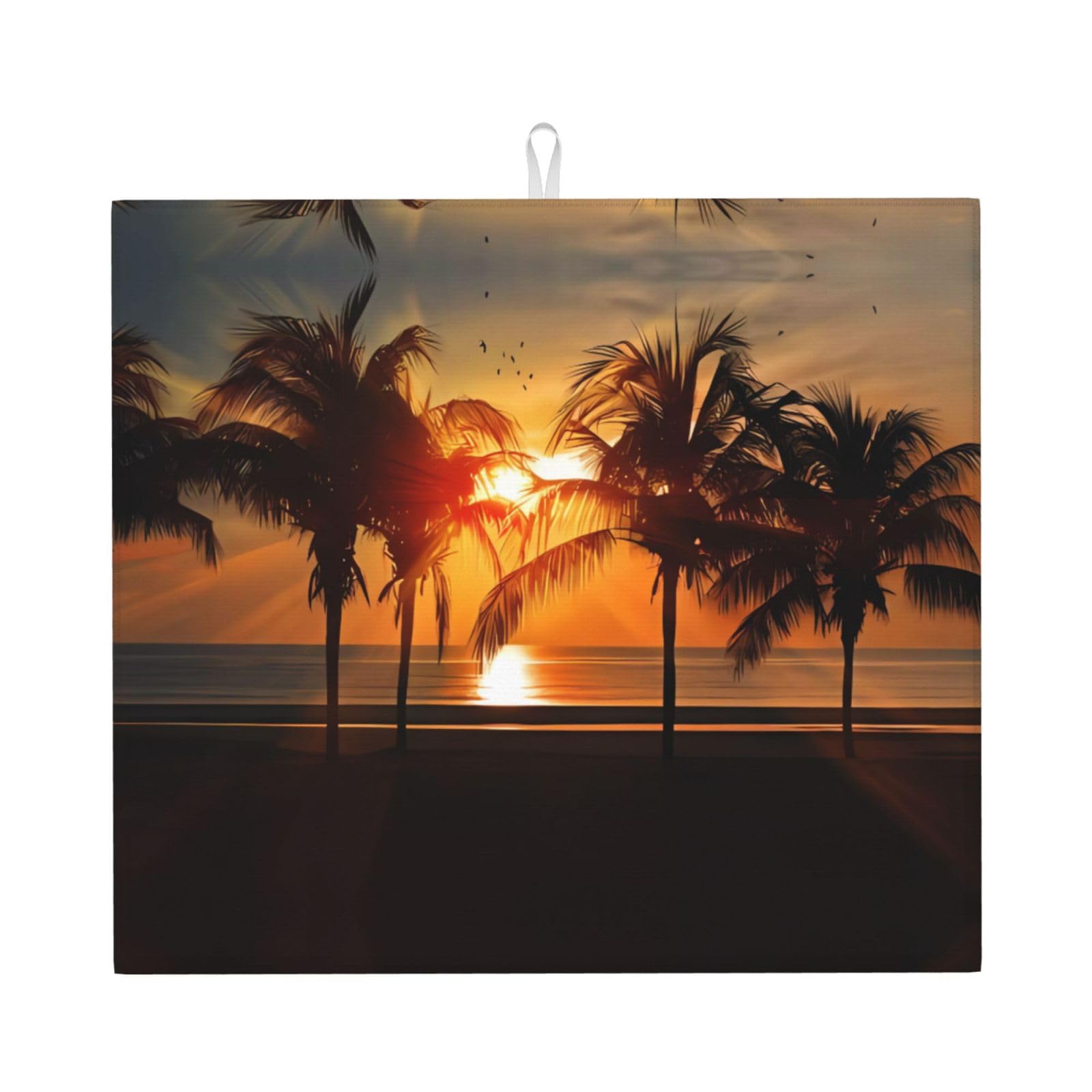 WHJDPP Dusk Coconut Trees Prints Kitchen Drying Mat - Absorbent Dish Drying Throw with Colorful Prints, Quick-Dry Countertop Layer for Dishes & Appliances - Non-Slip & Foldable