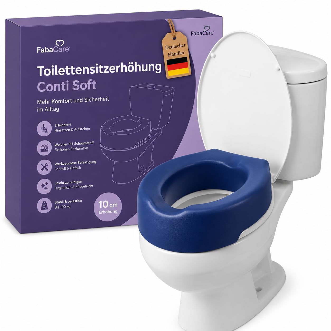 FabaCare Toilettensitzerhöhung Conti Soft, weicher Toilettenaufsatz, WC-Sitz blau, bis 100 kg, Höhe 10 cm