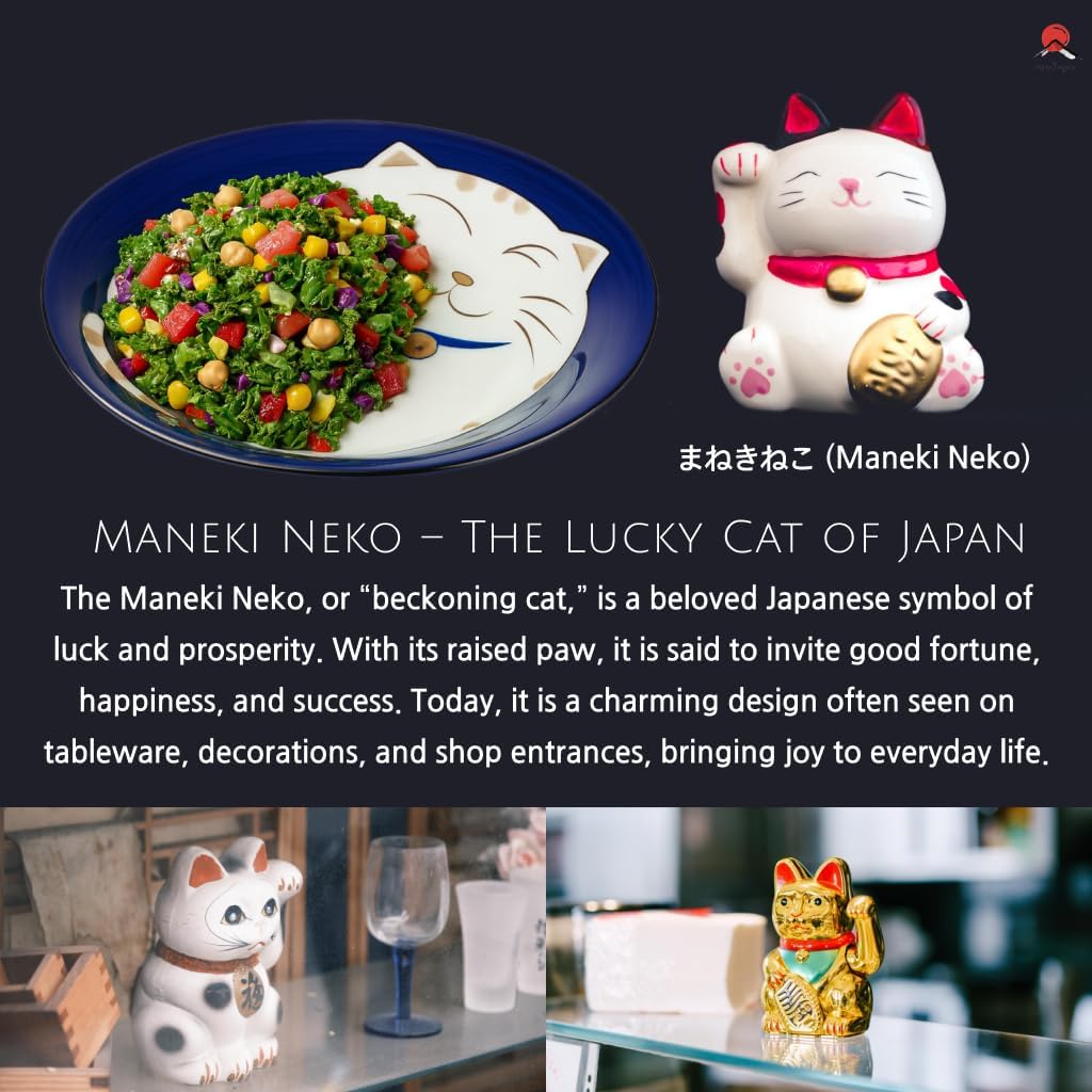 JapanBargain, Set of 4 Japanese Soup Bowls Shallow Porcelain Bowl for Curry Rice Cereal Poke Salad and Dessert, Maneki Neko Smiling Cat Pattern, Made in Japan, 8.5 inch, Blue Color