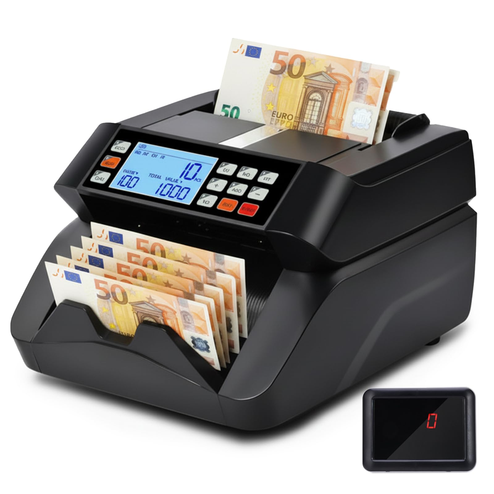 Compteuse de Billets Professionnelle Machine a Compter les Billets, Détection UV/MG/IR/MT, 1000 Billets/Min, Machine Compte Billet Affichage LCD 3,5” et Écran LED Externe, Mode Addition, Valeur et Lot