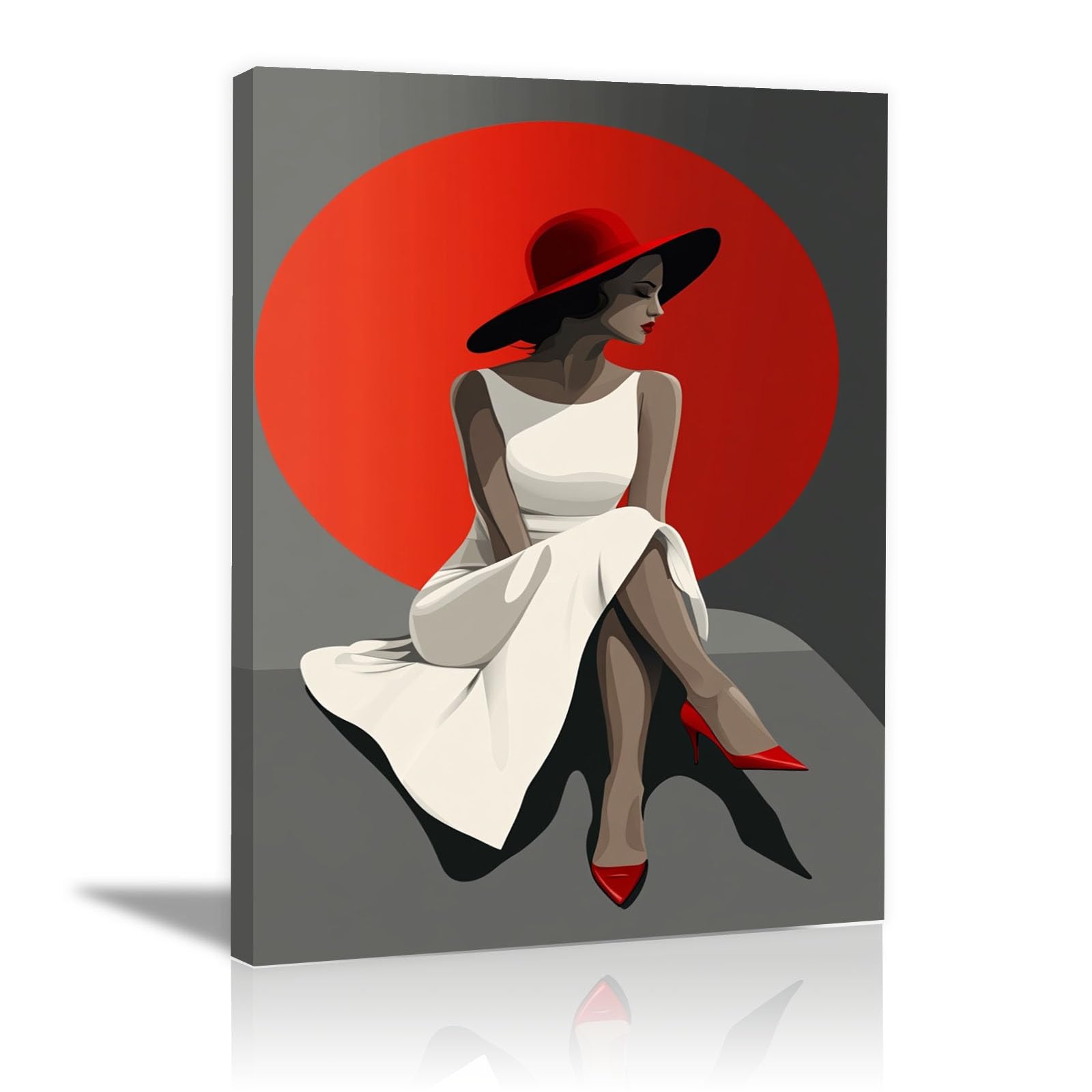 TERUEA Glamorous Art Deco Inspired White Dress Red Hat Woman Women Wall Art Canvas Artwork Canvas Art Home Decor Home Wall Decor(Red)-70x100cm Framed