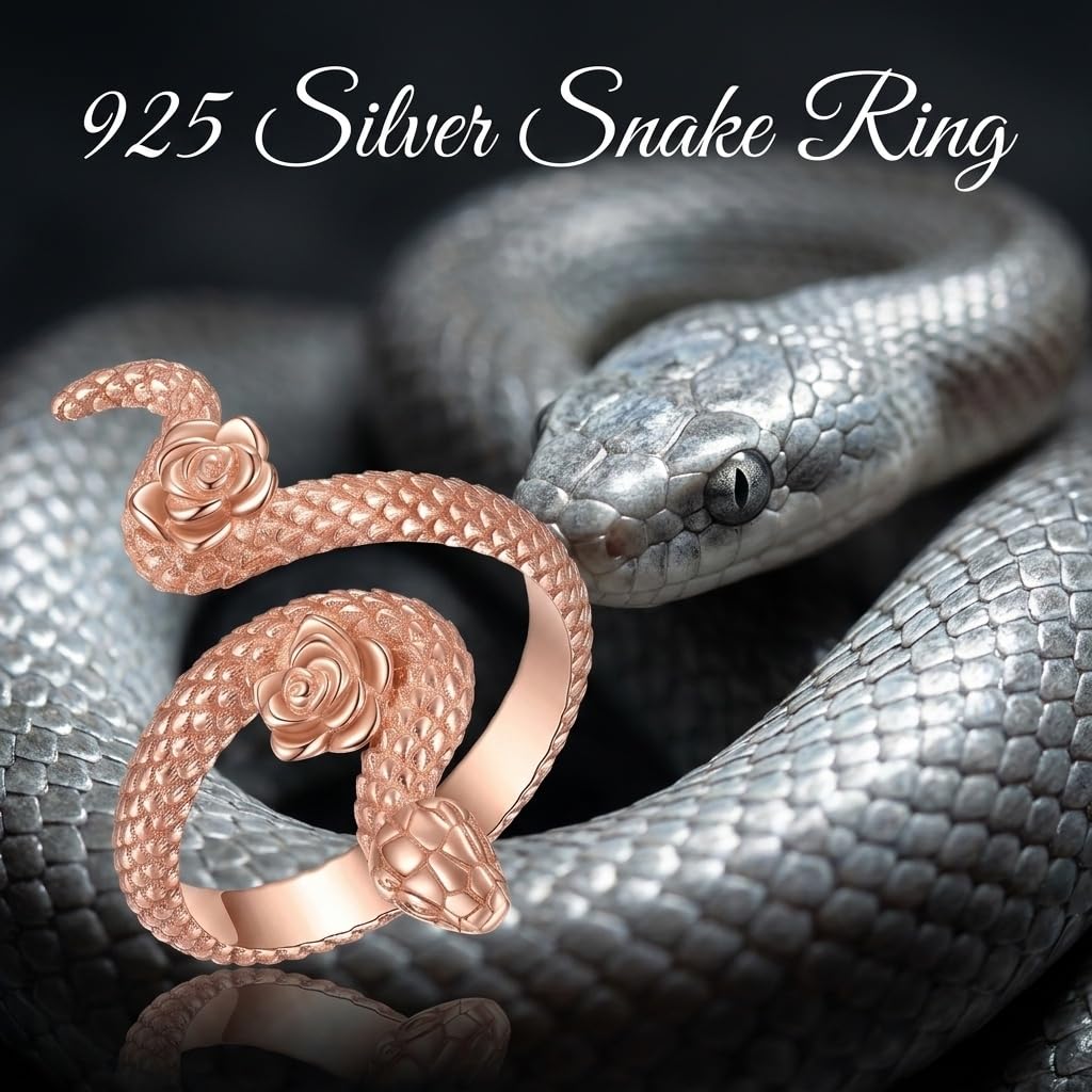 DAYLINLOVE Anillo gótico de serpiente de plata de ley 925, anillo abierto ajustable para el pulgar, joyería gótica de serpiente regalo para mujeres y niñas (chapado en oro rosa)