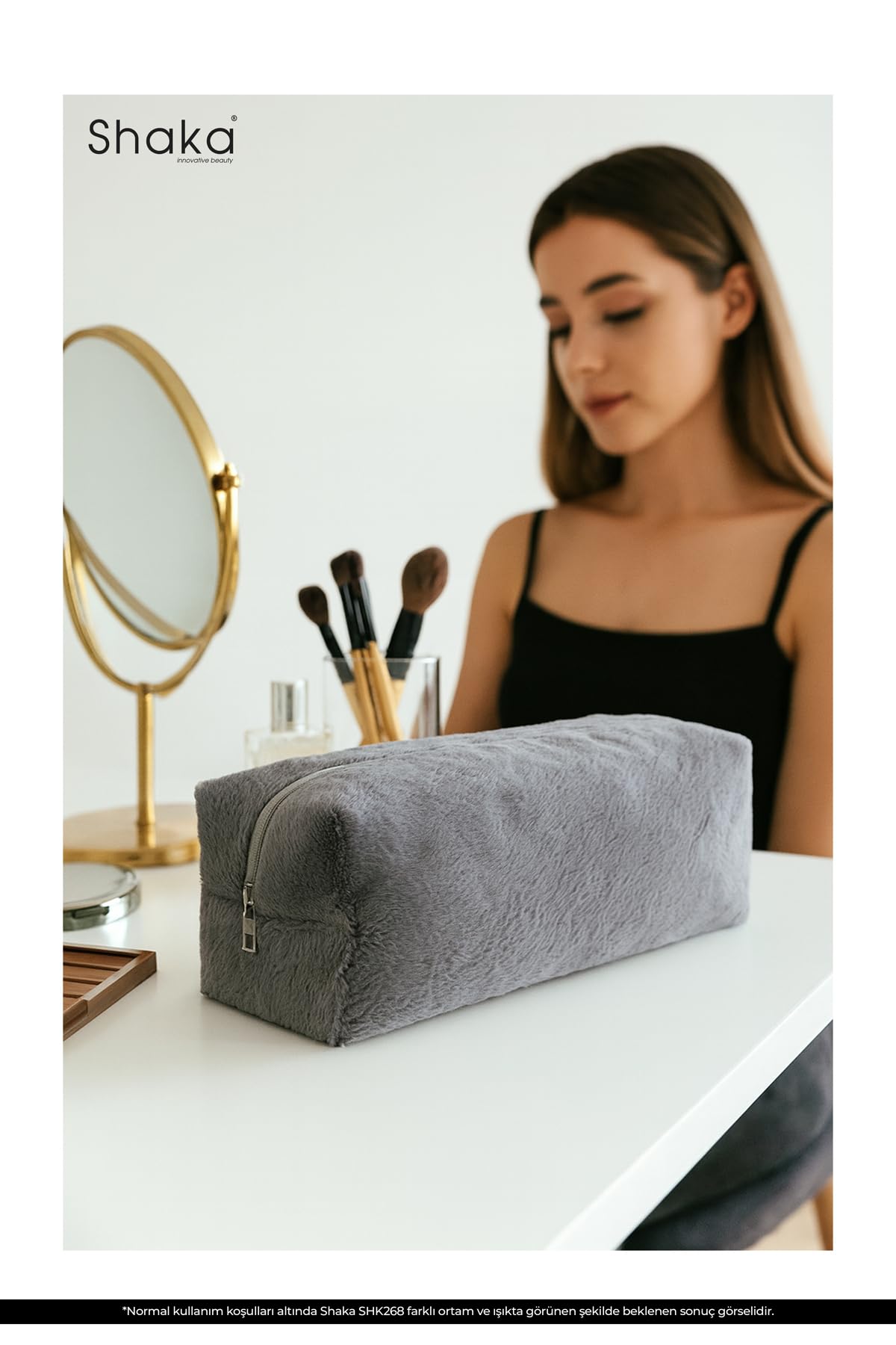 SHAKA Gri SHK268 XL Boy Peluş Kumaş Saç Şekillendirici Makyaj ve Seyahat Çantası
