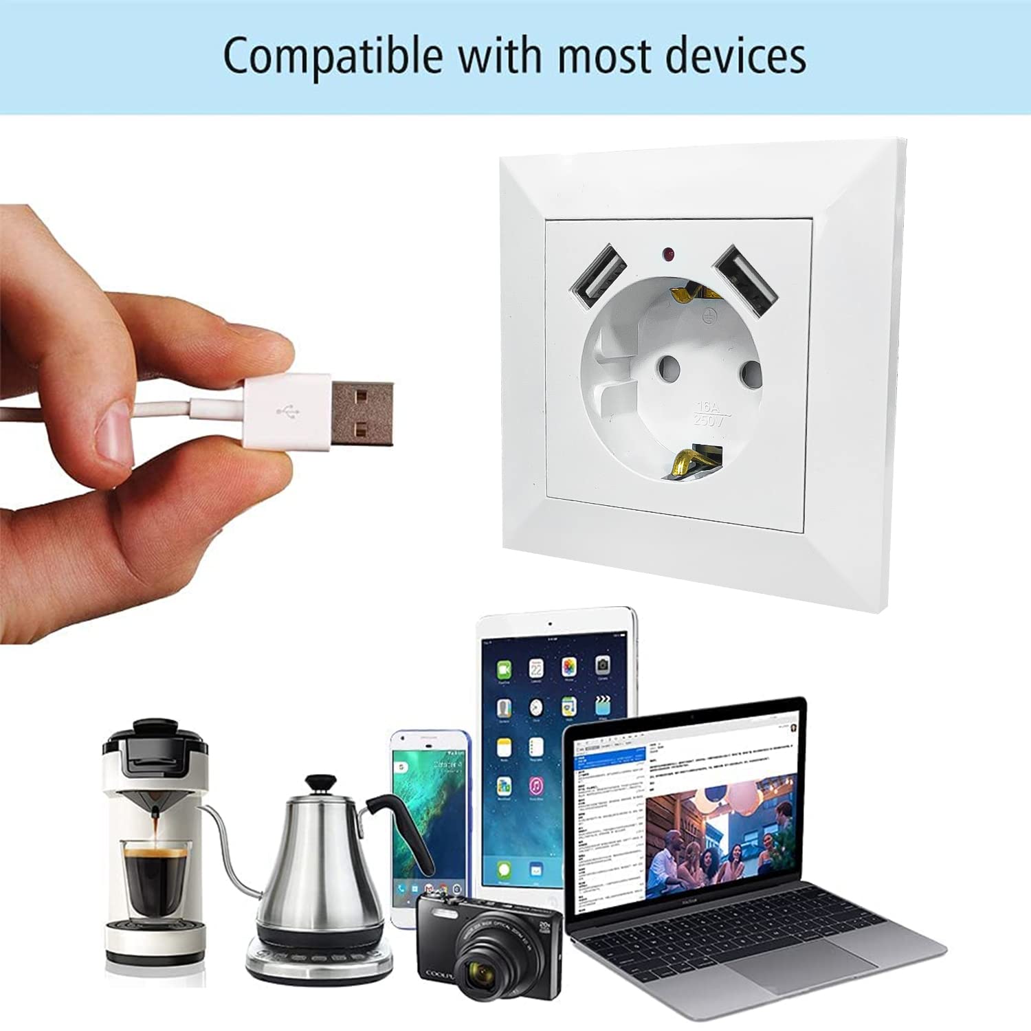 Btstil Gla Schuko stopcontact met USB-poorten, wandcontactdoos met snel opladen USB/type C-poort, inbouw geaard stopcontact, 2 AC 2 USB 2 Type-C, zwart