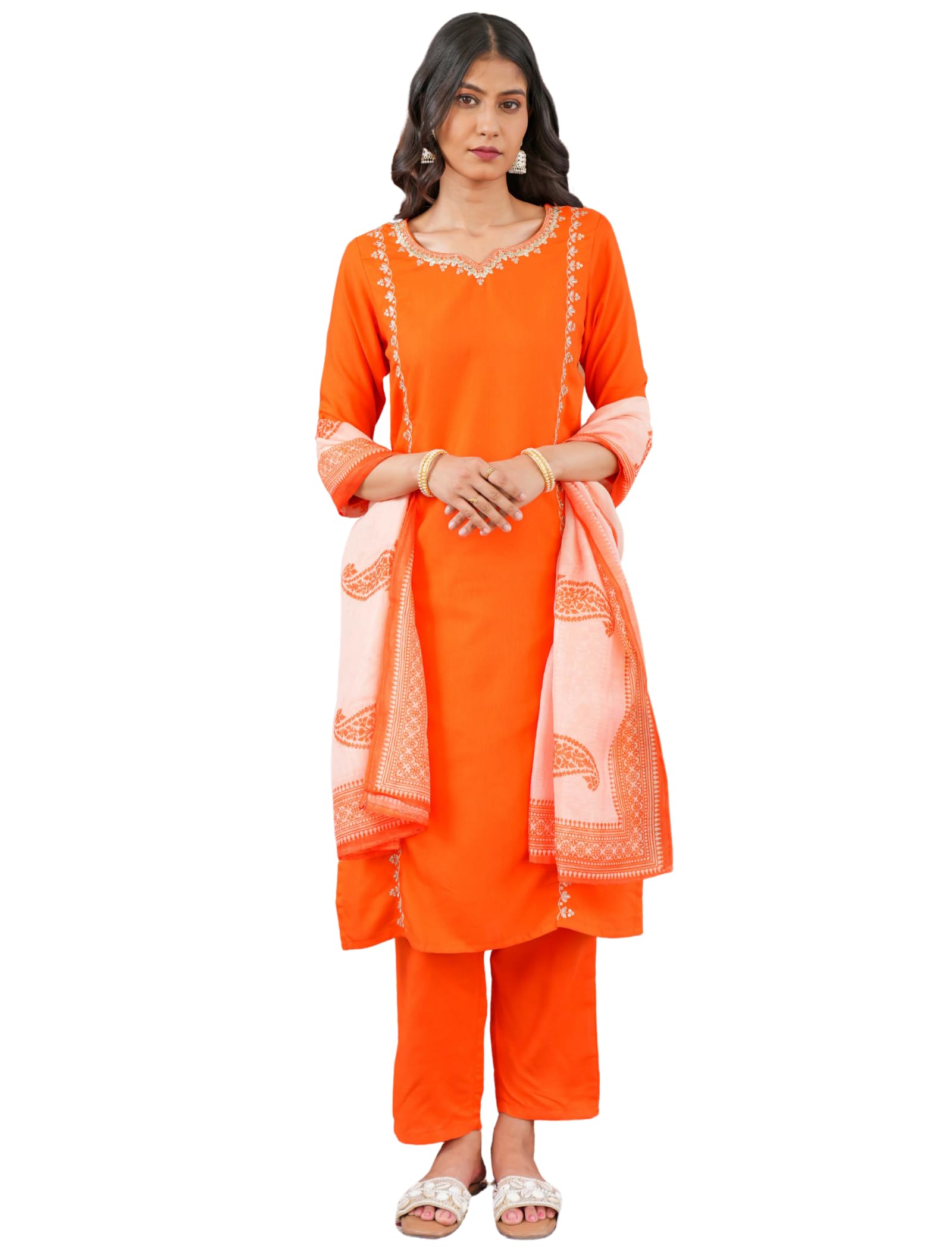 navlik Women's Rayon Slub Straight Kurta Pant with V Neck 3/4 Sleeves Regular Fit Calf Length Solid Pattern Embroidered Work and Dupatta Set | Kurta Pant Sets for Womans-picture-15