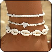 PINCHUAN 3PCS Boho Anklets for Women - Waterproof Beaded Beach Ankle Bracelets with Shell Starfish Charms
