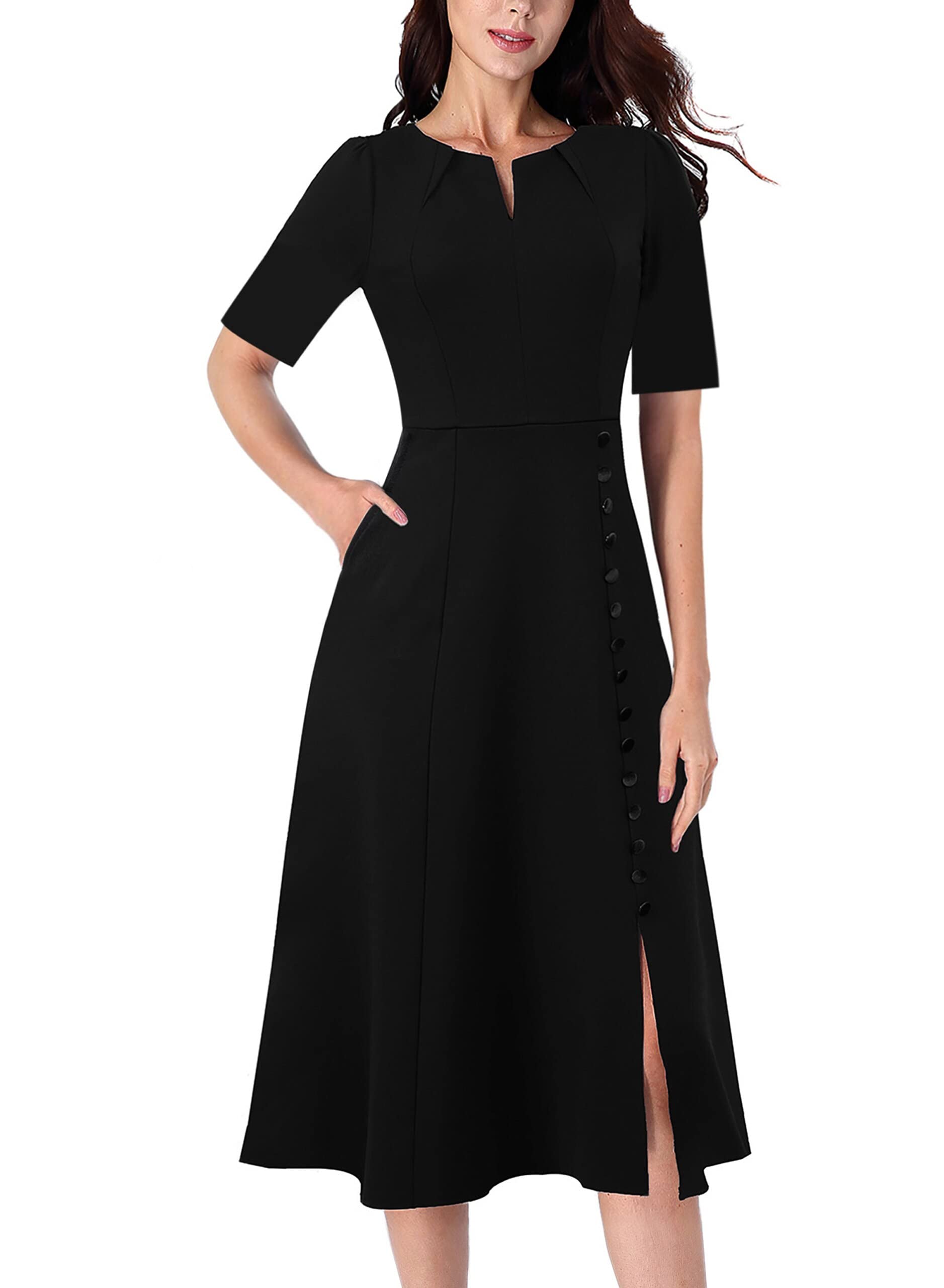 VFSHOW Pleated Notch V Neck Dress