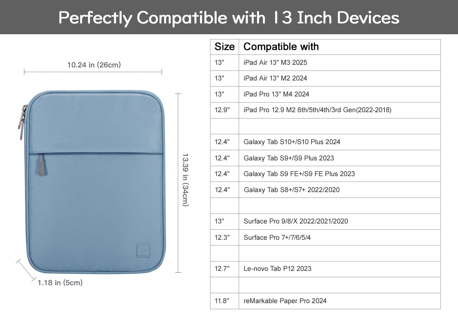 Dadanism 13 Pollici Tablet Custodia Borsa Portatile per iPad Pro 13" M4 2024, iPad Air 13" 2024, iPad Pro 12,9" 6a/5a/4a/3a Gen, Galaxy Tab S10+ Plus/S9 FE+/S9+ Plus 12,4", Tab P12 12,7", Blu