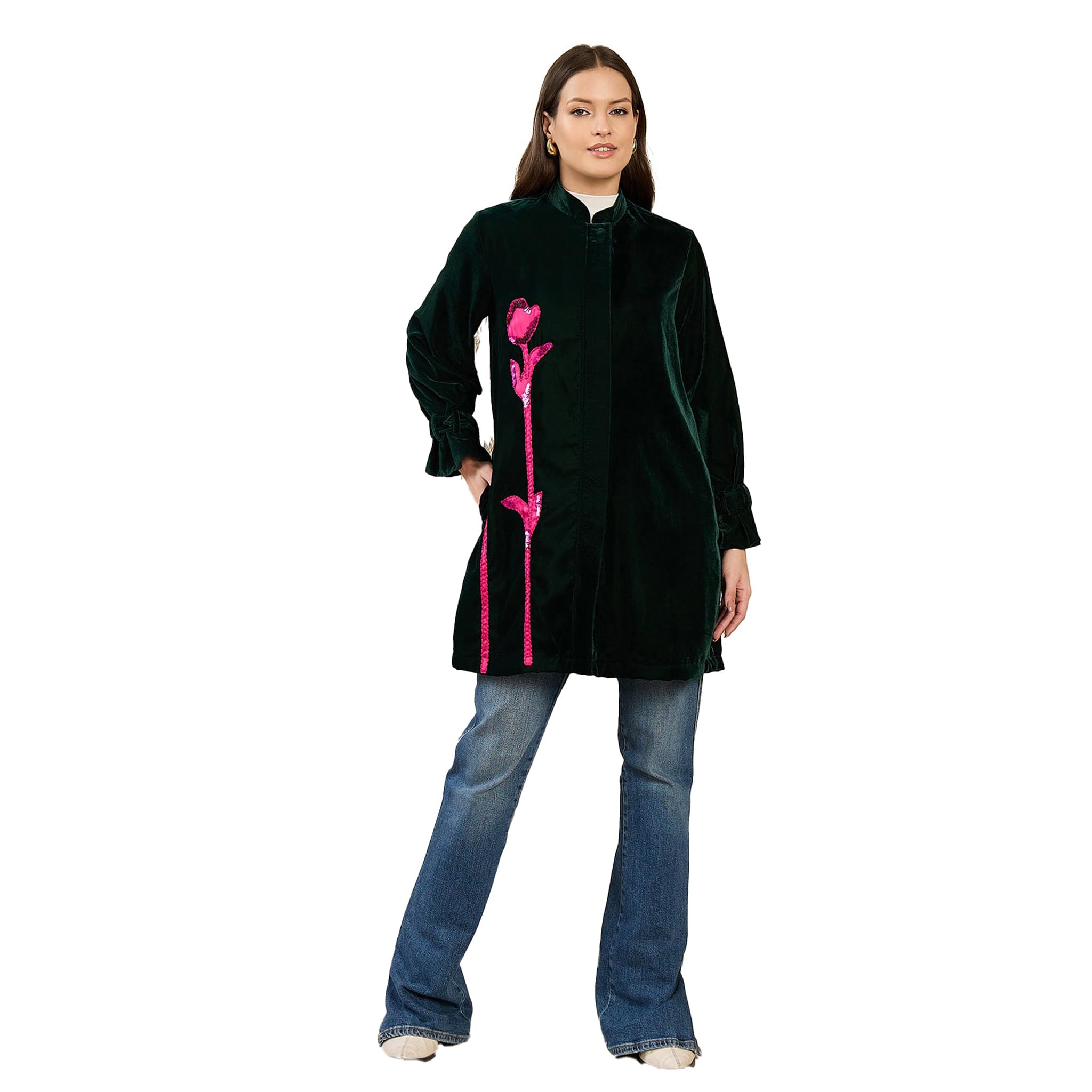 first resort Green and Pink Hand Embroidered Velvet Jacket with Pink Applique-picture-50