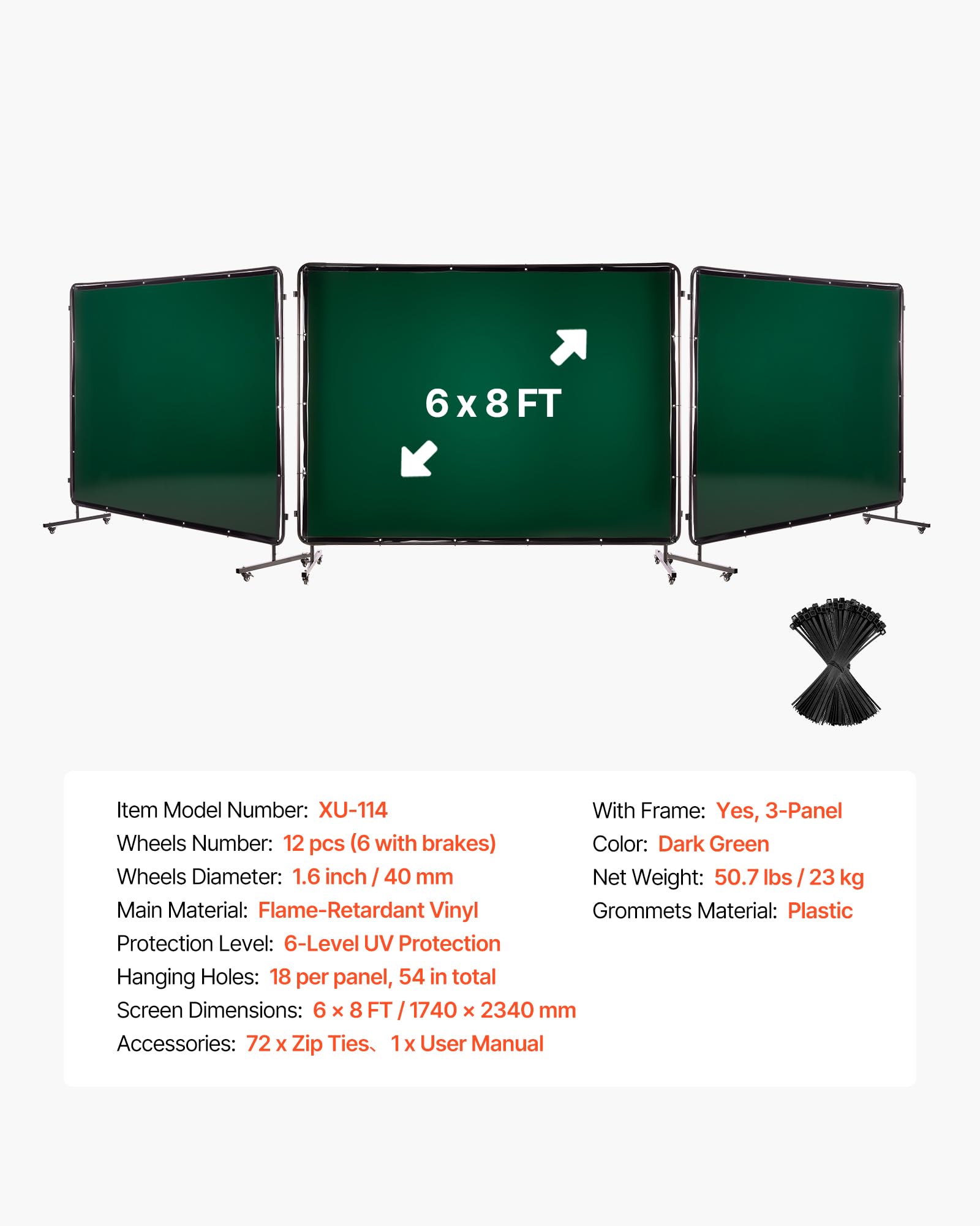 VEVOR Schweißvorhang mit Rahmen, 3-teilig, 1740 x 2340 mm, flammhemmende Vinyl-Schweißschutzwand mit 12 Rädern & 6-stufigem UV-Schutz für Werkstatt-/Industrieanwendungen, Dunkelgrün